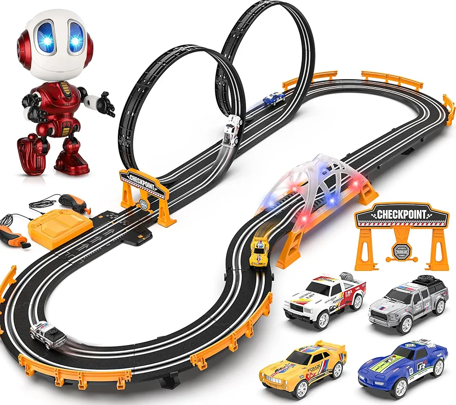 Slot Car Race Track Sets for Boys, Talking Robot for Kids Toys