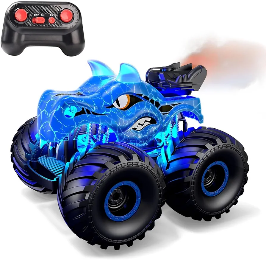 Threeking 1:18 Dinosaur RC Car Remote Control Cars Trucks Toy 4WD Off-Road Car Toys with Lights Spray Suitable for All Terrain Gifts Presents for Boys/Girls Ages 6+ Blue