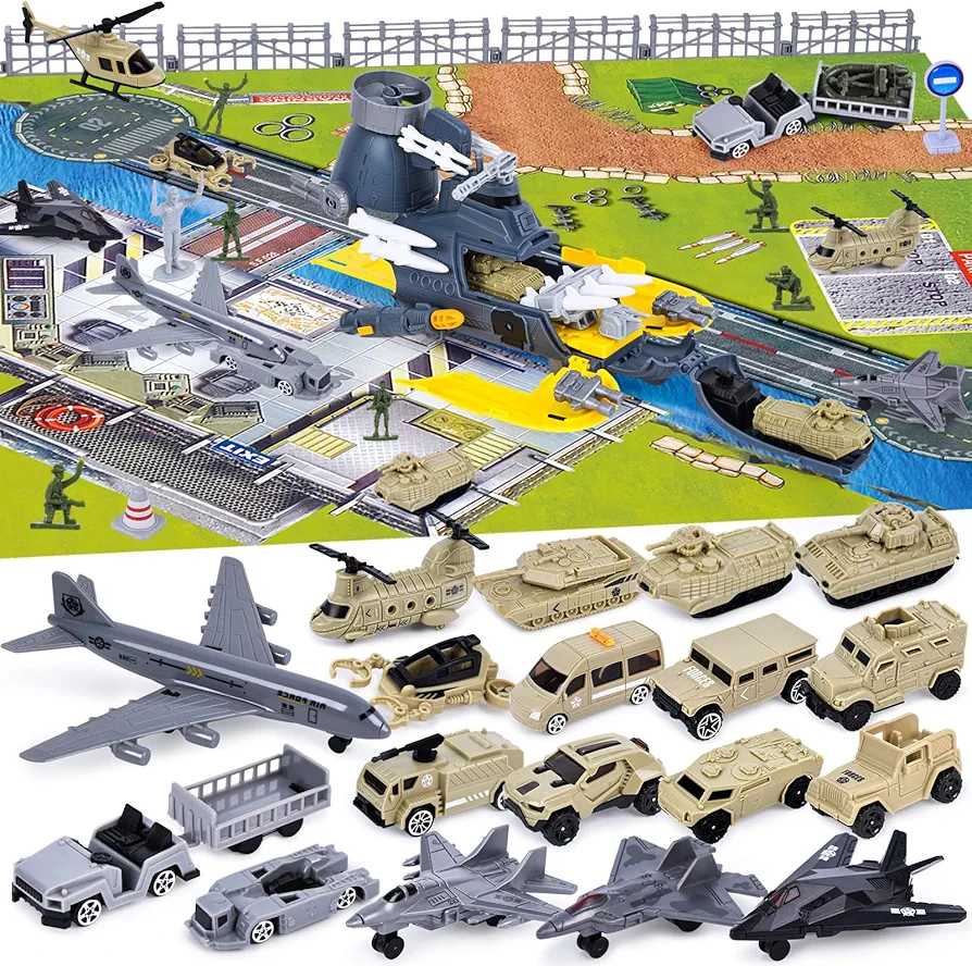 AMOR PRESENT 45PCS Army Toys for Kids, Toy Army Men Playset Military Toy Set Submarine Vehicles Planes for Kids Boys Birthday Gifts