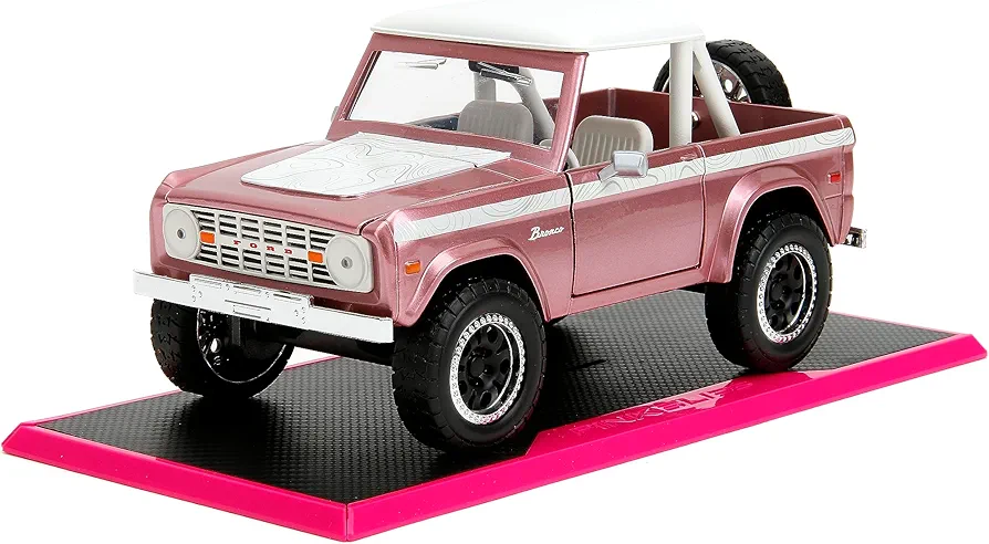 Pink Slips 1:24 W3 1973 Ford Bronco Die-Cast Car w/Base, Toys for Kids and Adults(Metallic Pink)