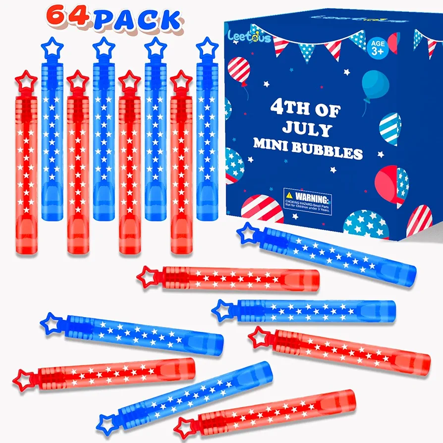 Patriotic Mini Bubbles Wands Toys Bulk 64 Pack - Bubbles Party Favors for Kids,Bulk Toys Gifts Treats Prizes Accessories Decorations for Memorial Day 4th Fourth of July Parade Throws, Birthday