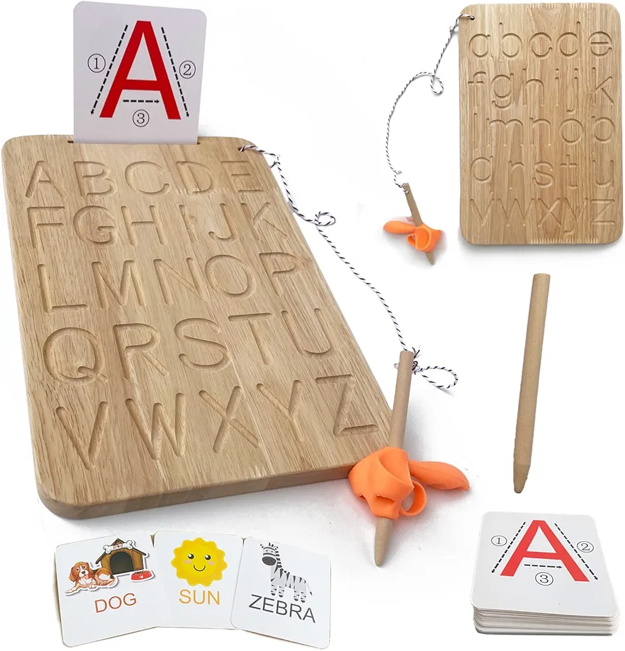 Montessori Alphabet Tracing Board, Oak Made Come with 26 Pcs Cards & Pen Grip Toddlers Double-Side Learning Toys ABC 3+ Kids Preschool Practice Materials Letters Writing Homeschool