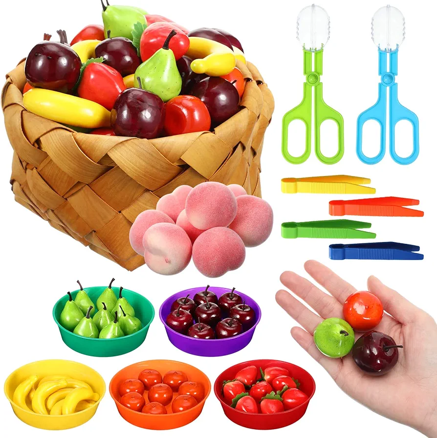 66 Pcs Fine Motor Toys Counting Sorting Sensory Bin Filler Preschool Learning Games Develops Counting and Color Recognition 48 Foam Fruits 4 Tweezers 2 Scissors Clips 12 Cups for Preschool Training