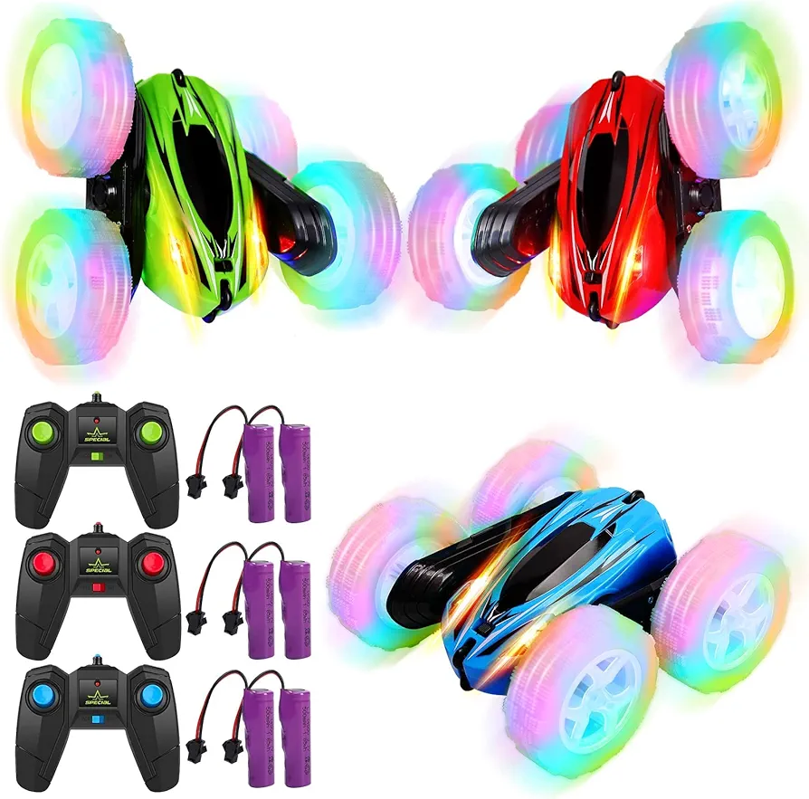 3-Pack RC Stunt Car Toys for Kids - 2.4GHz - Wheel Lights - Drift High Speed - 4WD Off Road - Double Sided 360° Rotating Cars - Perfect for Boys and Girls