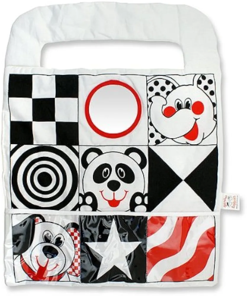 Reversible Car Activity Center Toy for Baby in Black, White and Red, Easy to Attach, with Baby Safe Mirror