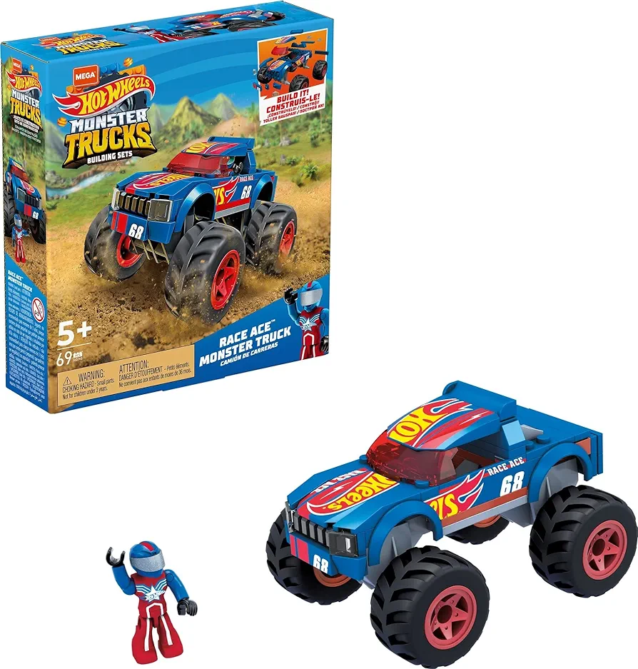 MEGA Hot Wheels Monster Trucks Building Toy Playset, Race Ace with 69 Pieces, 1 Micro Action Figure Driver, Red, Kids Age 5+ Years