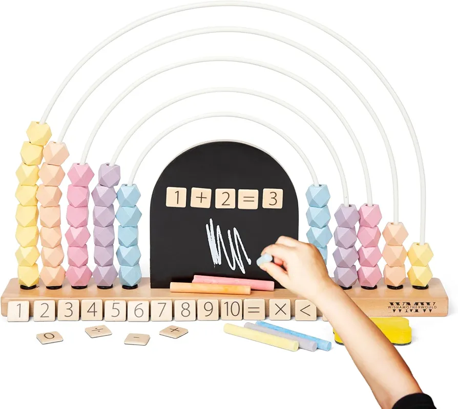 Large Pastel Rainbow Abacus for Kids Math with Magnetic Chalkboard - Learn Counting, Adding & Subtracting - Wooden Bead Maze - Educational Toys for 3 Year Old and Up - Montessori Toys - 17 inches