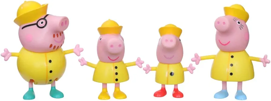 Peppa Pig Peppa’s Adventures Peppa’s Family Rainy Day Figure 4-Pack Toy - Includes 4 Pig Family Figures in Raincoats, Ages 3 and Up