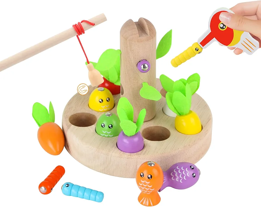 3 in 1 Toddler Montessori Toys for 3 4 5 Year Old, Wooden Shape Sorting Toys w/Carrot Harvest Game Woodpecker Catching Worms & Fishing Preschool Educational Learning Activities for Boys Girls