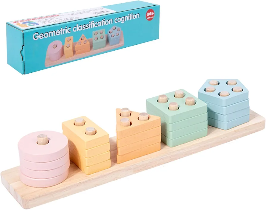 Montessori Toys for 18+ Months Old - Toddlers Wooden Sorting and Stacking Toys, Classic Wooden Toy with 5 Shapes, Toddler Toys Age 1-2, Preschool Kids Gifts