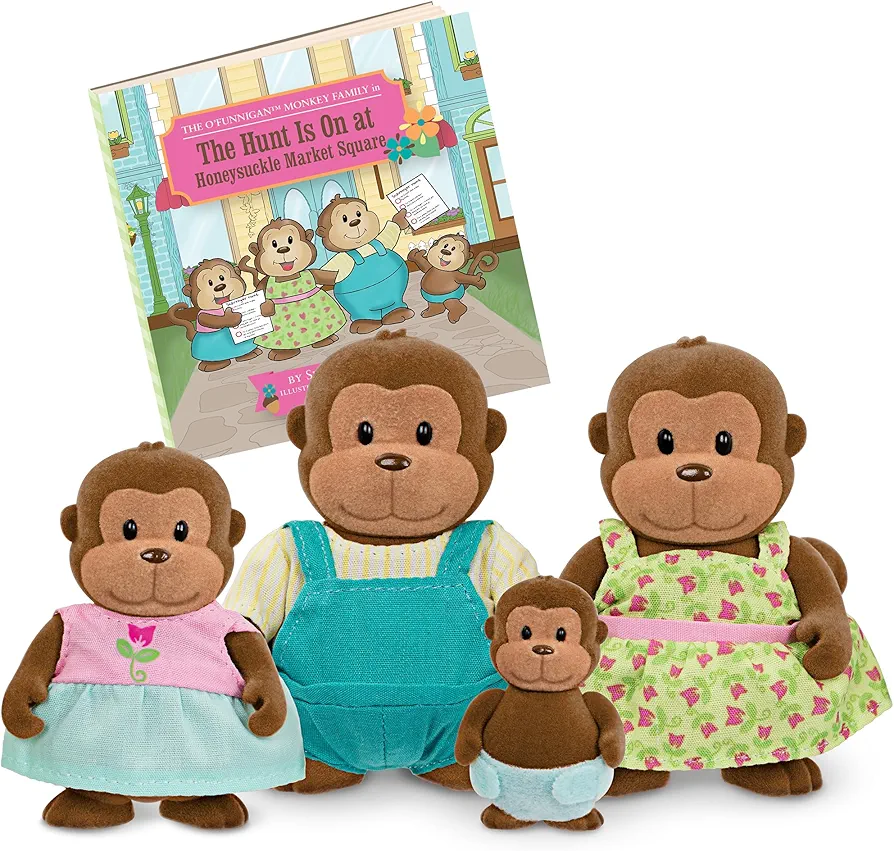 Li'l Woodzeez – The O'Funnigan Monkey Family – Set of 4 Collectible Posable Monkey Figures with Storybook – Pretend Play Doll Figures – Gift Toy for Kids Age 3+