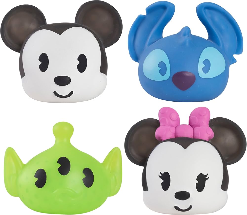 Disney Impulse Squishy Characters 4PK, includes Mickey Mouse, Minnie Mouse, Stitch, and Alien