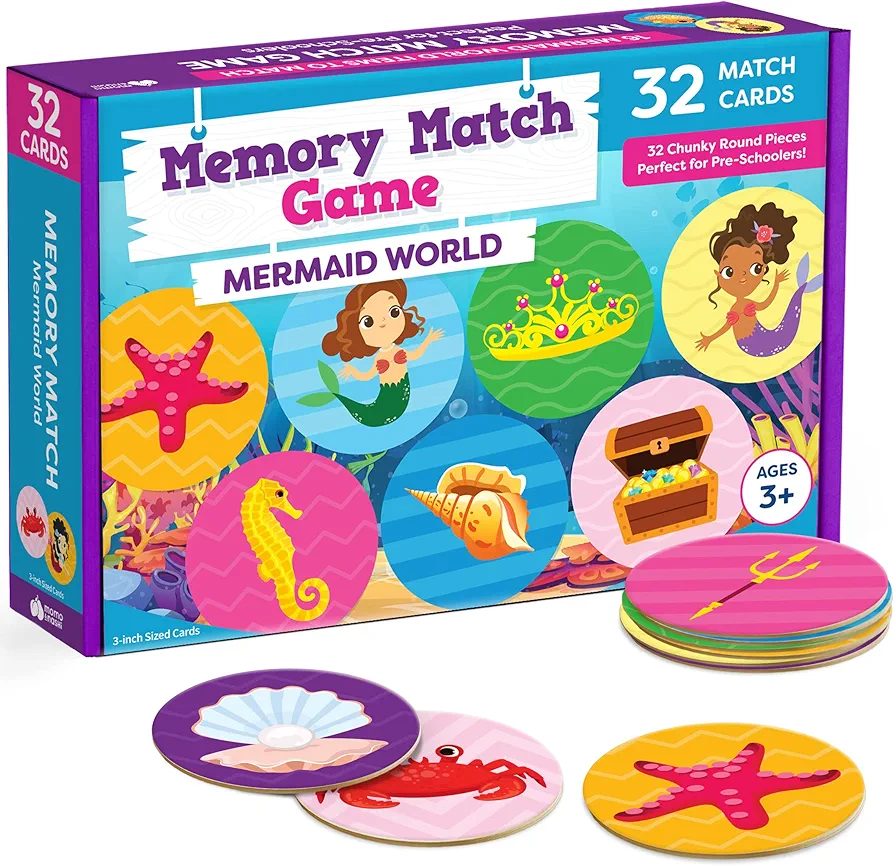 Girls Matching Memory Game for Kids - 32pc Mermaid Games Concentration Memory Card Matching Games for Children Preschool Toddler Memory Games for Kids & Toddlers Ages 3-5, 3, 4, 5 and Up - Kids Games