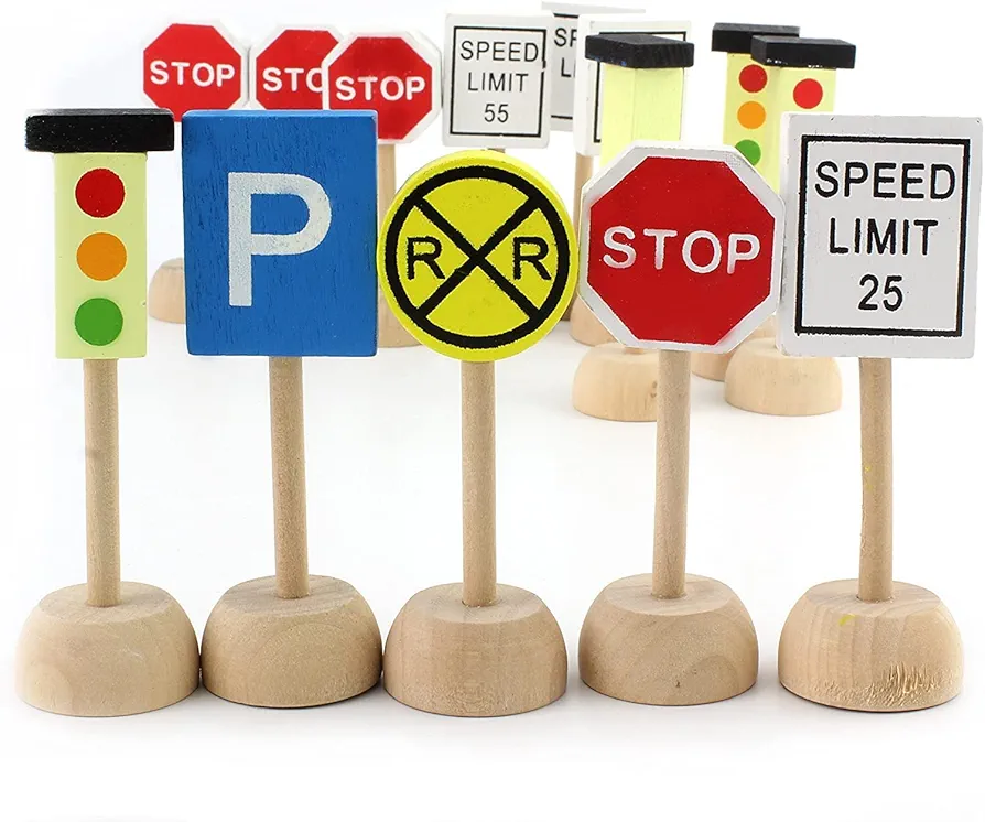 Kids Wooden Street Signs Playset (14-Piece Set), Wood Traffic Signs Perfect for Car & Train Set