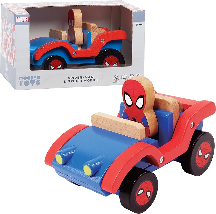 Just Play Disney Wooden Toys Spider-Man and Spider Mobile, Figure and Vehicle, Officially Licensed Kids Toys for Ages 18 Month, Amazon Exclusive