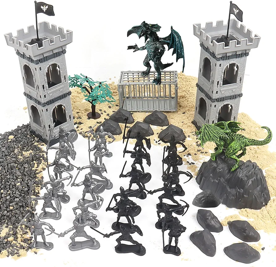 Medieval Knights Toys Figurines Knights and Dragons Figures Playsets with Plastic Soldiers Dinosaur Toy Arrow Tower Rocks Cage Carrying Bags for Kids Boys Girls Toddlers (65 PCS)