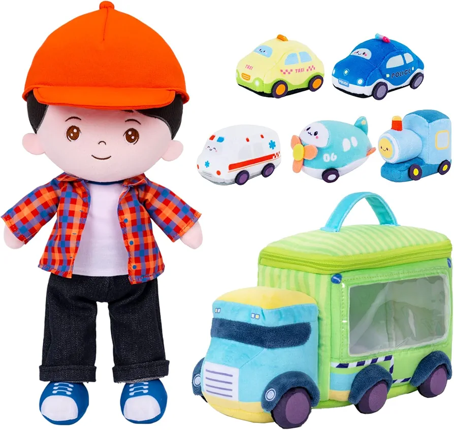 OUOZZZ Soft Baby Doll for Boys & My First Soft Cars Toys - 6 Pieces Plush Playset Stuffed Cars Presents for Toddler