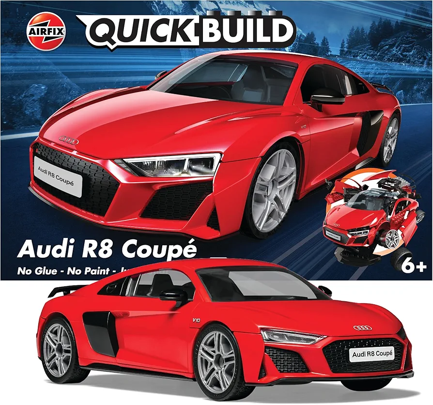 Airfix J6049 Quickbuild Plastic Model Car Kits - Audi R8 Coupe - Easy Assembly Snap Together Model Kit, Classic Car for Adults & Kids to Build, Model Sports Car, Building Toys Set