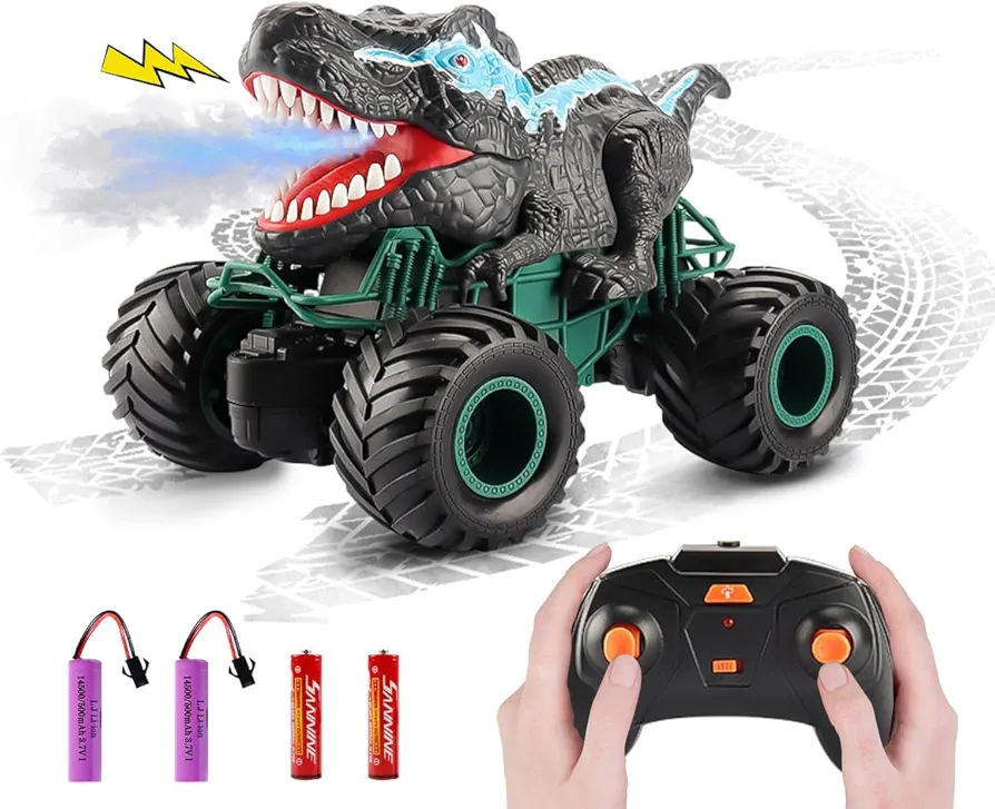 SUPERSUN Remote Control Dinosaur Truck for Kids 3-7，2.4Ghz RC Dinosaur Truck with LED Light & Sound Spray Function, Dinosaur Toys for 3 4 5 6 7 8 Year old Kids Boys Girls 1:20 Scale RC Car