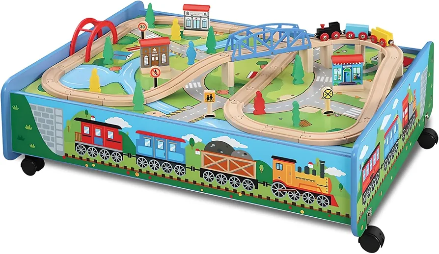 inc. 62 Pc Wooden Train Set with Activity Table/Trundle, Wood Train Track, Over Under Bridge, Engine & Car, and Other Railway Accessories, Compatible with All Major Brands