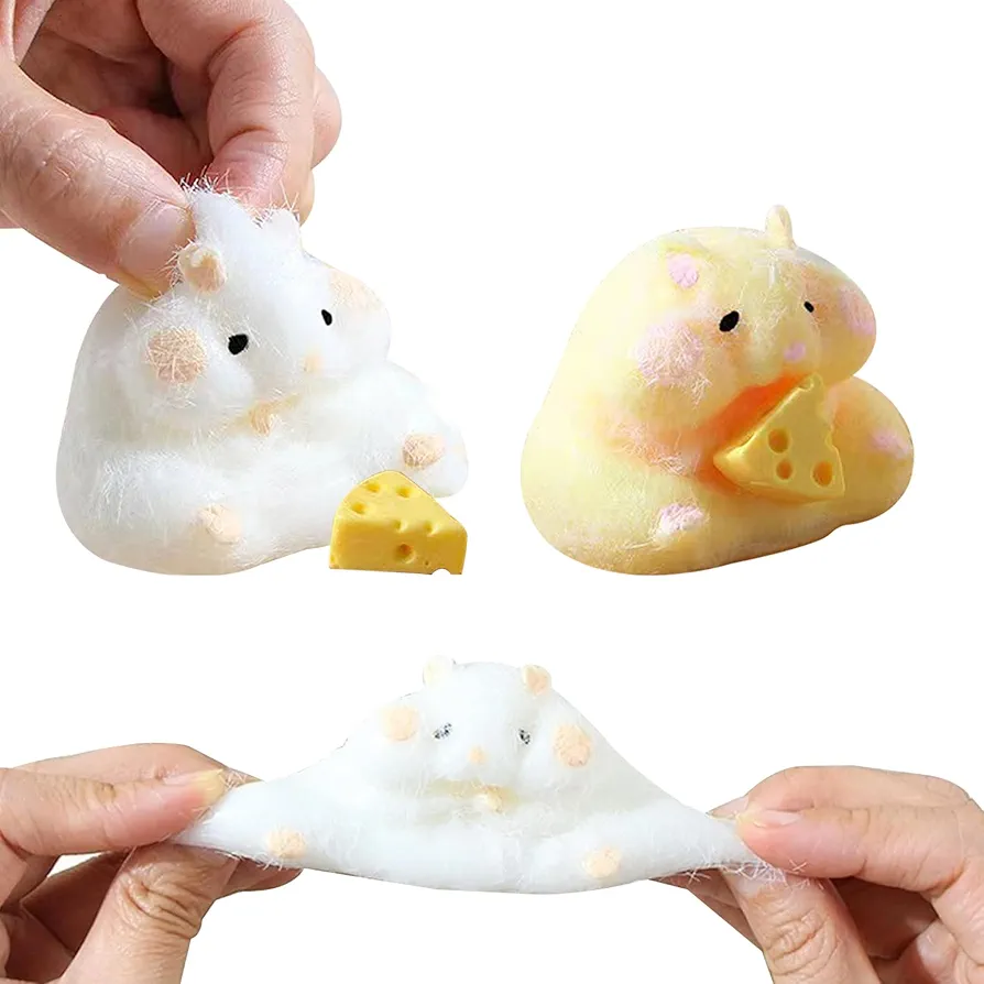 Taba squishies,squishies Hamster, 2 PCS Hamster Toys Soft Adorable Stress Relief Toy Small Squeeze Hamster Shape with Cheese Fidget Toys for Teens Kids Adults (Yellow, White)