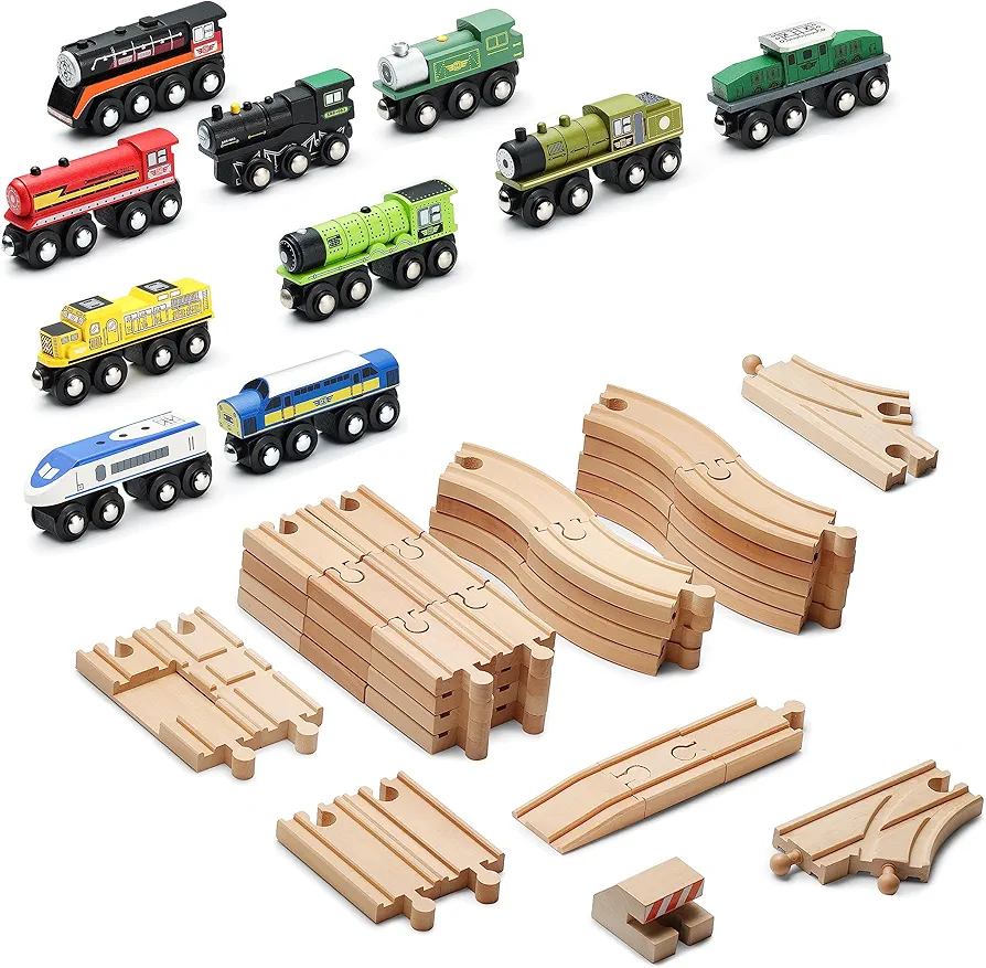 SainSmart Jr. Wooden Train Accessories Set, 10 PCS Magnetic Trains with 52 PCS Tracks Kit, Compatible with All Major Brands, Gift for Toddlers, Boys, and Girls Aged 3+