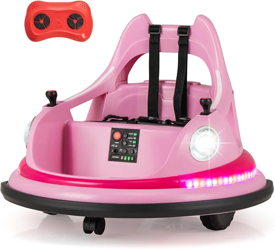 Costzon Bumper Car for Kids, 12V Toddler Bumper Car W/Remote Control & Dual Joysticks, 3.1MPH, 360° Spin, Wireless Connection & 5 Light Effects & Music, Ride on Bumper Car for Boys Girls Gift (Pink)