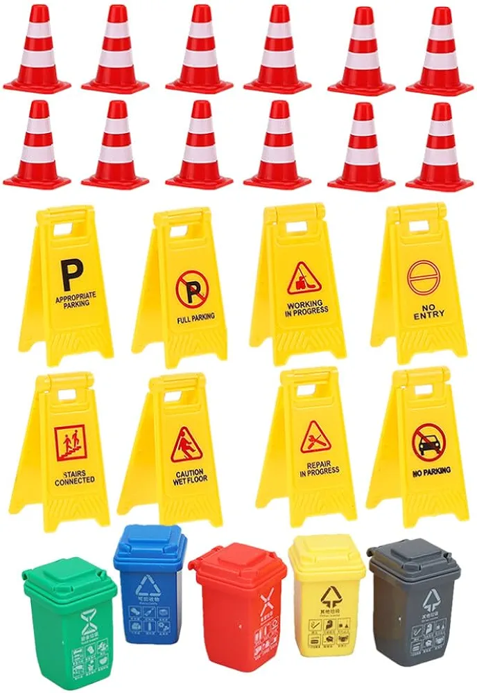 Toddmomy Road Signs for Kids, 25pcs Mini Traffic Signs Miniature Traffic Cones and Signs Mini Street Signs Playset Roadblocks Toys Mini Garbage Can Toy for Kids