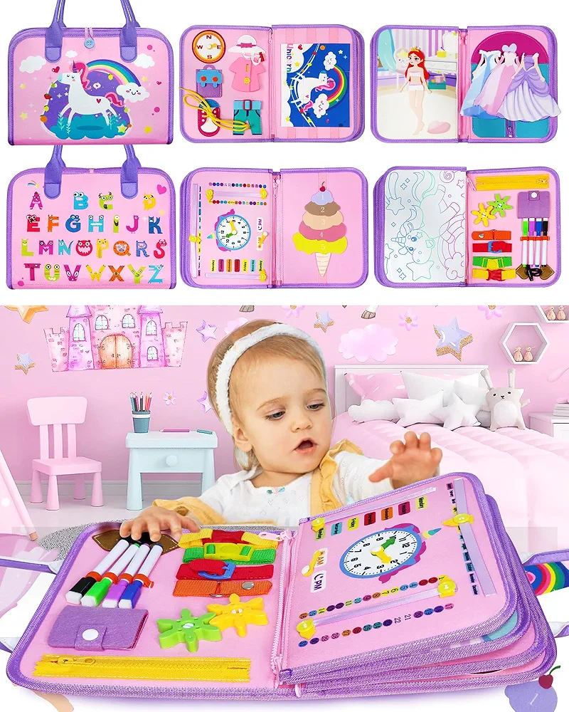 Busy Board for Toddlers 8 in 1 Montessori Toys for 2 Year Old Girl Boy Birthday Gift Preschool Learning Activities with Life Skill, Alphabet, Number, Puzzles, dress ups Toddler Travel Toys