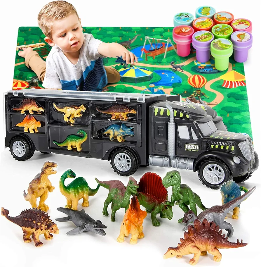 Dinosaur Truck Carrier – Dinosaurs Playset with 12 Toy Action Figure Dinosaurs – World Dino Toy Set with XL Playmat for Toddlers Boys or Girls for 3, 4, 5, 6, 7 Years Old