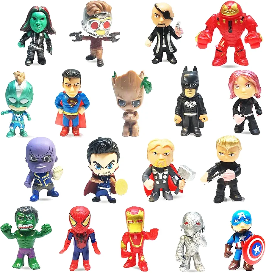 18 Superhero Action Figure Toy Sets with a Height of 1.6 Inches are Perfect for Christmas Stockings,Easter Eggs,Hero Cake top Hats,and Holiday Party Gifts for Boys