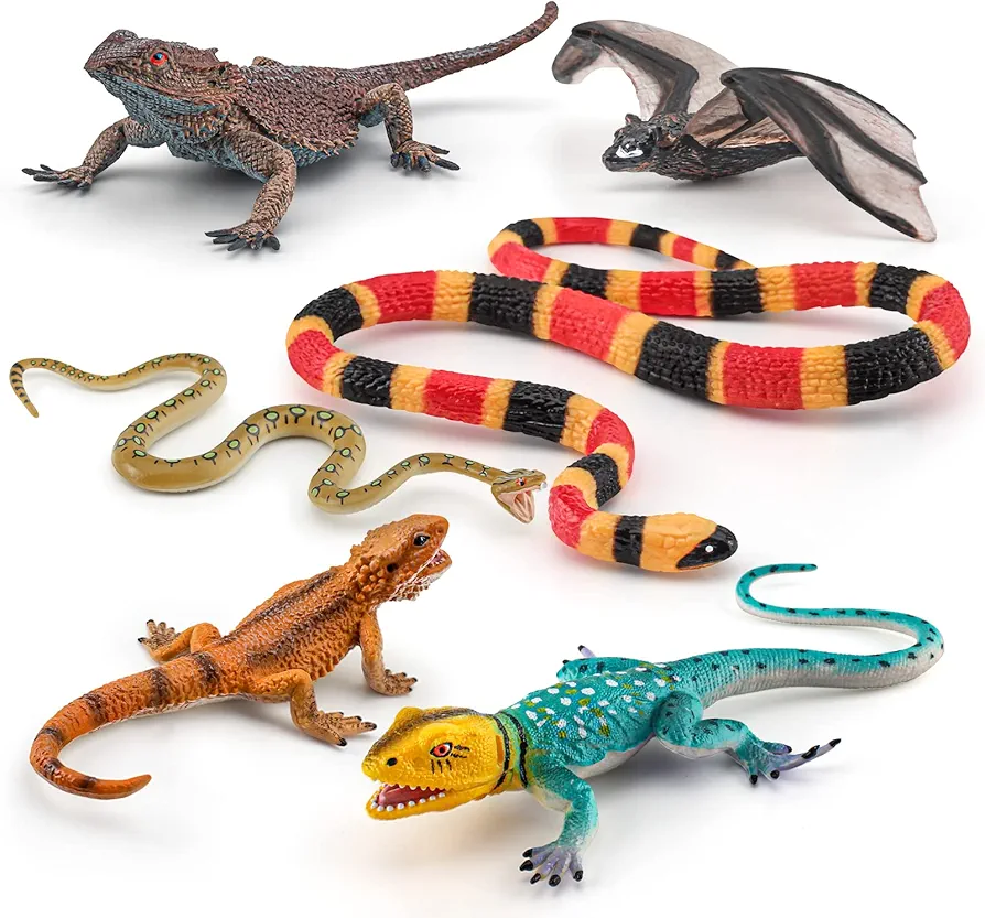 Bearded Dragon Toys Snake Figurine Lizard Figures 6PCS Realistic Tropical Forest Diorama Animals Figurines Chameleon Toys School Project Model for Kids Toddlers Birthday Gift Cake Toppers