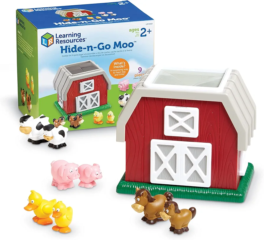 Learning Resources Hide-N-Go Moo, Farm Animal Toy, Barn Toys for Toddlers, 9 Pieces, Ages 2+