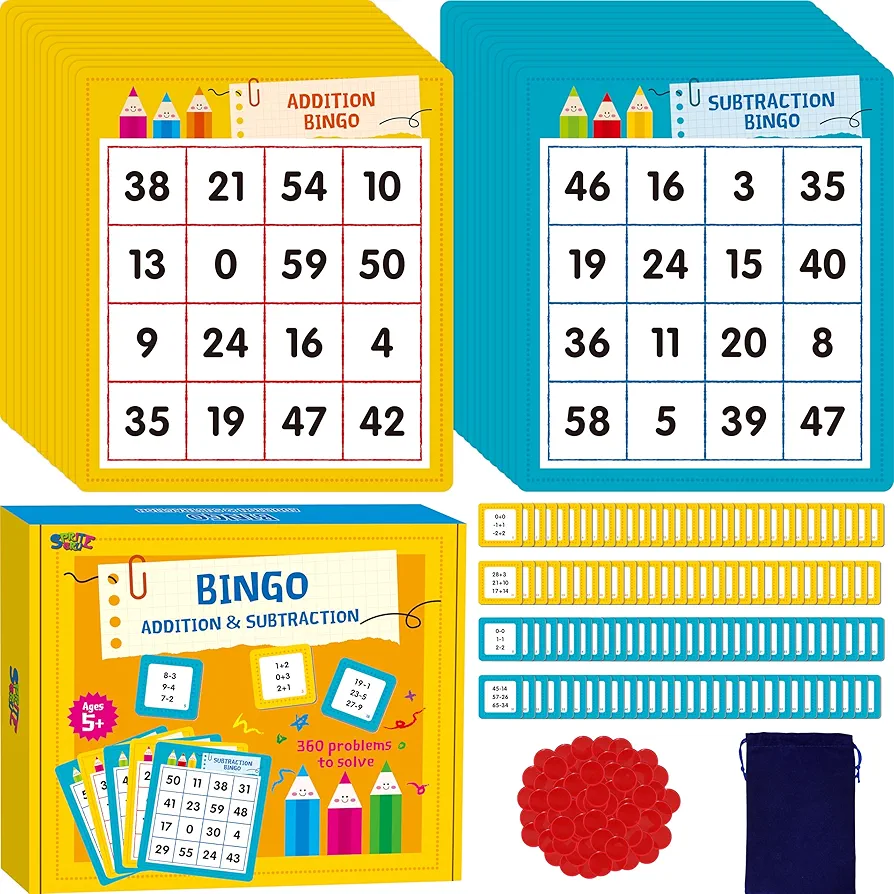 SpriteGru Addition & Subtraction Bingo Game, 360 Math Problems, 2 Educational Math Board Game for Kindergarten and Preschool Kids 4-8, Perfect for Classroom & at Home