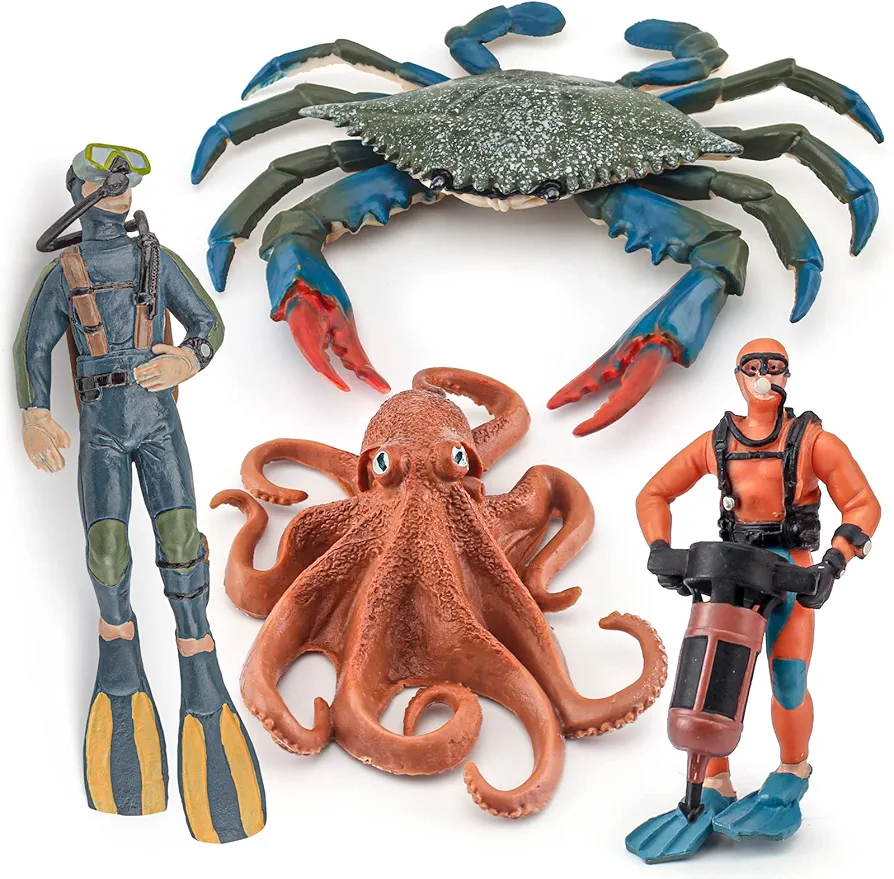 Ocean Sea Marine Animal Figure Toys Playsets 4 PCS Divers Crab Octopus Model Toy Desktop Decoration Collection Party Favors Toys for Boys Girls Kids