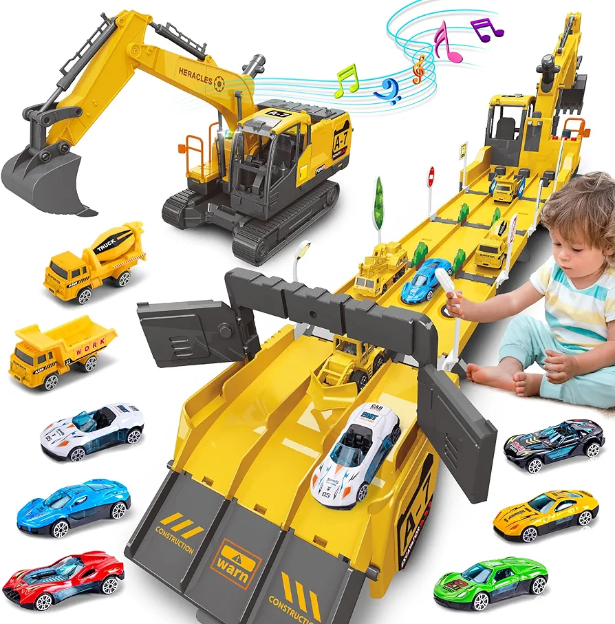 Dwi Dowellin Toys for 3 Year Old Boys,Excavator Toys for Boys with 6 Metal Racing Cars and 2 Engineering Vehicle,Foldable Ejection Vehicle with Lights & Sound for 3 4 5 6 7 Years Old Boys Gifts