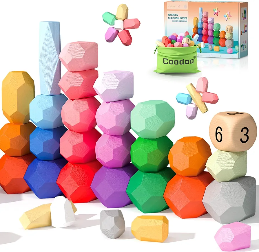 Toddler Toys Wooden Stacking Rocks Big Dice Set, Preschool Learning Activities Classroom Supplies Building Blocks, Safe Creative Kids Toys Family Games Montessori Toys for 1+ Year Old Boys & Girls