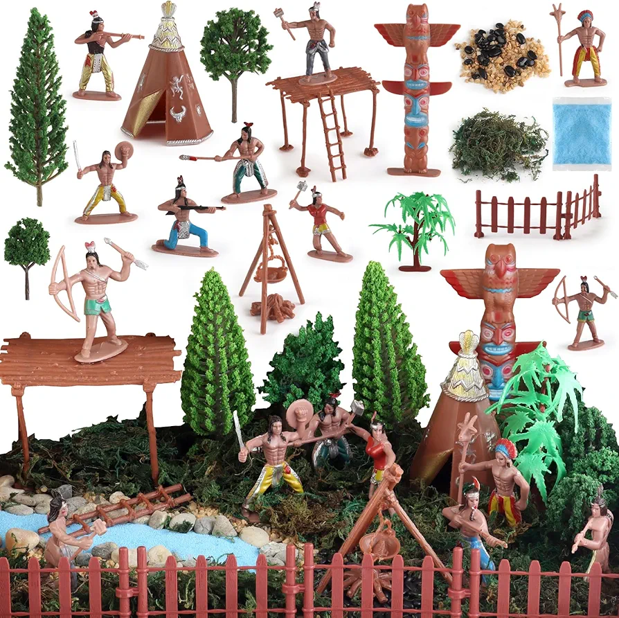 44 PCS Native American Indians Figures Toys Set, Plastic Figurine Toys Includes Indian Figurines, Trees, Moss, Sand, Stones for Kids Historical Education School Project Decoration Birthday Halloween