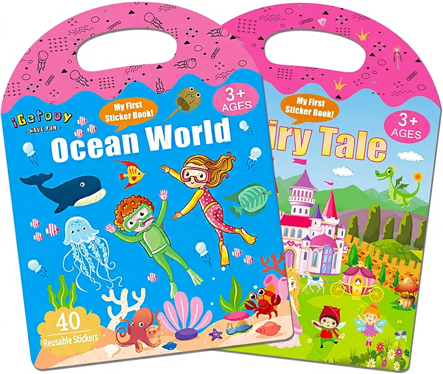 Reusable Sticker Books for Toddlers, Stickers for Kids, Reusable Stickers for Toddlers 3+ Years, Airplane Train Car Travel Essentials Toy for Kids Girls Boys (Fairy Tale/Ocean World)