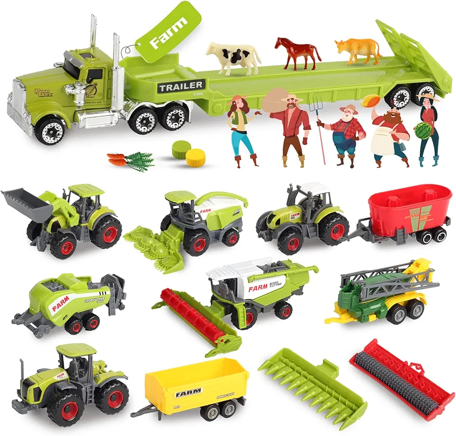 Oriate Kid's Farm Toys Realistic Tractor Vehicle Playset, Diecast Car Set Educational Mini Farm Animals & Flatbed Trailer Equipment Accessories, Little People Birthday Gift Kids Farming Tractors Set