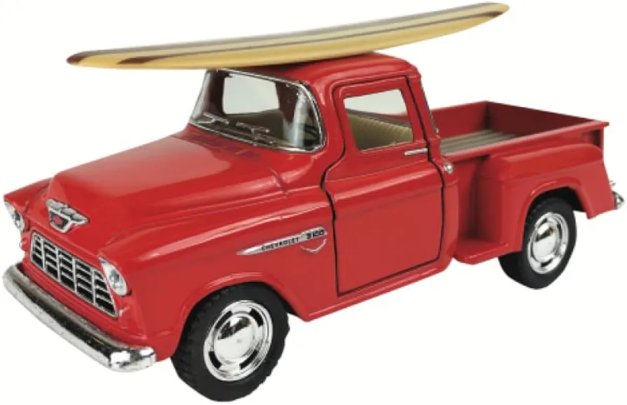 Playmaker Toys 1955 Chevy Stepside with Surf Board Car Vehicle Toy, 5-inch Length, Kids Interactive Play Toys