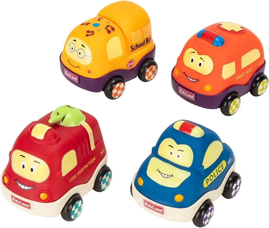 Kidzlane Pull Back Cars for Toddlers | Baby Toy Cars for 1 to 3 Year Old Boy or Girl | Soft & Sturdy Pull Back Car Toys | Set of 4 | Toddler Car Toys, Baby Car Toy