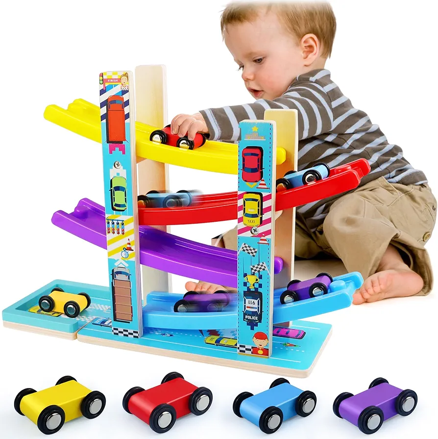 Montessori Toys for Toddlers, Children Race Track Toy with 4 Cars and 1 Wooden Parking Lot, Stable Base, Car Ramp Toy for 2 3 Year Old Boy Girl Gifts, 18 Month Old Toys for Kids