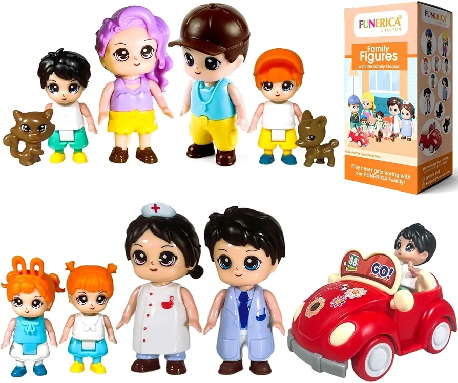 FUNERICA Dollhouse People Figures Playset - Dollhouse Family Little People Figures Doll House Accessories Toys -Play People (Family Figures with Car, Pets, Doctor & Nurse)