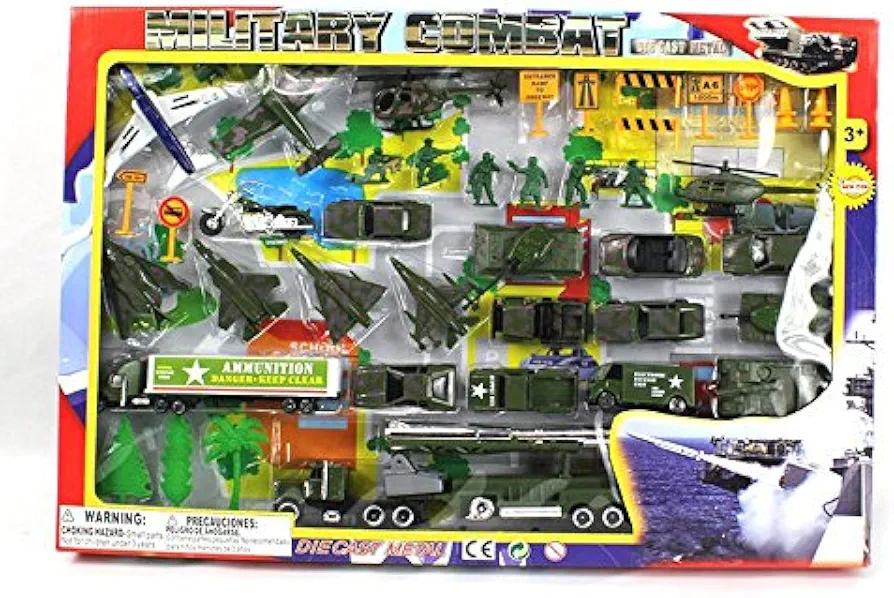 Mozlly Diecast Military Army Toys Playset – Pretend Play Armed Forces Battle Figurines Set includes Play Mat, Soldier Figures, Helicopter, Trucks, Tanks, Airplanes, Jet, Base, Vehicles - 44 Pieces