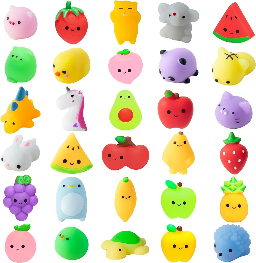 MALLMALL6 30Pcs Mochi Squeeze Toys for Kids Party Decorations Favors Stress Relief Birthday Gift Treat Goodie Bags Random Fruit and Animals Shape Kawaii Mini Toys Classroom Prize for Boys Girls