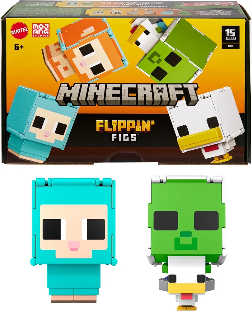 Mattel Minecraft Flippin’ Figs Sheep & Chicken Figures 2-Pack with 2-in-1 Fidget Play, Large Heads & Pixelated Design