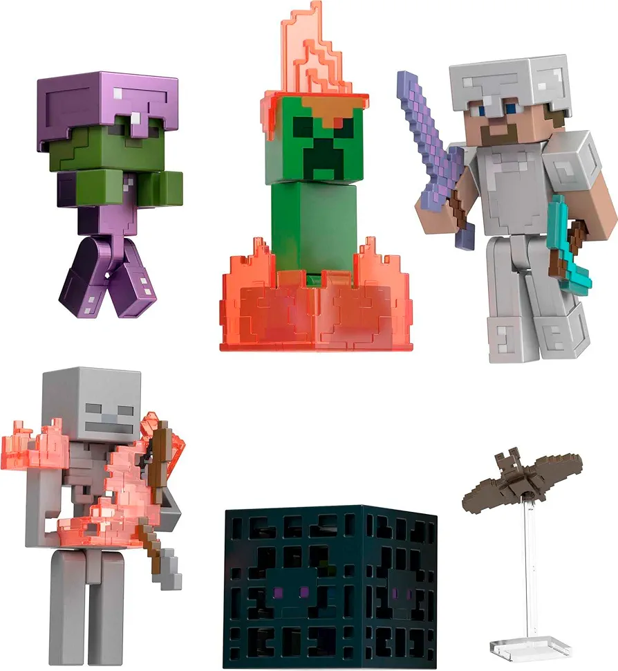 Mattel Minecraft Toys, Story Pack with 4 Action Figures and Accessories, Cave Conflict with Steve and Skeleton, Collectible Toy for Kids