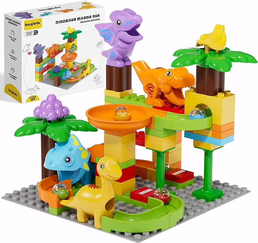 Kid Marble Run Building Blocks Dinosaur, Montessori Learning STEM Toy Bricks Maze Puzzle Set Race Track Compatible with Major Brands for Age 3 4 5 6 7 8+ Boys Girls Gift 67PCS