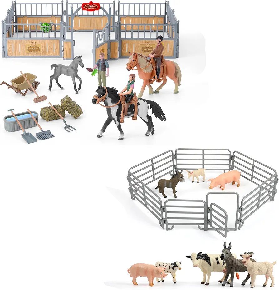 Farm Animal Toys, Horse Stable Playset, Realistic Farm Animal Figurines and Fence Playset, Horse Toys Animal Gift Set for Kids Toddlers